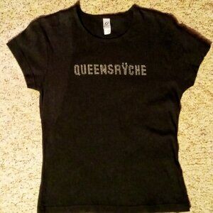 Queensrÿche Crystal Rhinestone Silver Studded Black Concert Babydoll Tshirt